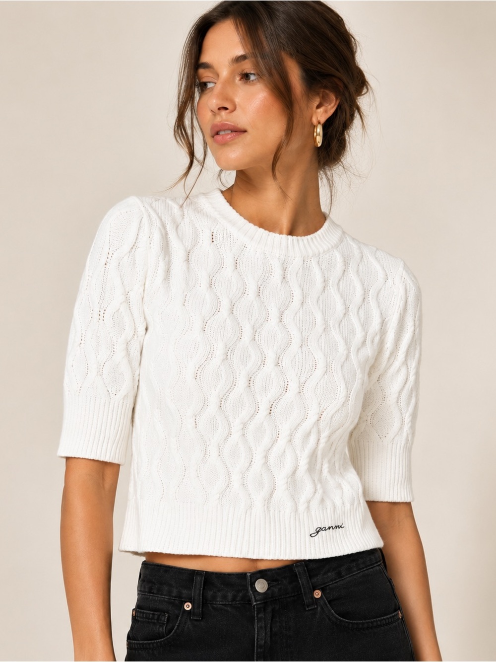 NWT GANNI Cotton Cable Open Back Top White Cable Knit Sweater M